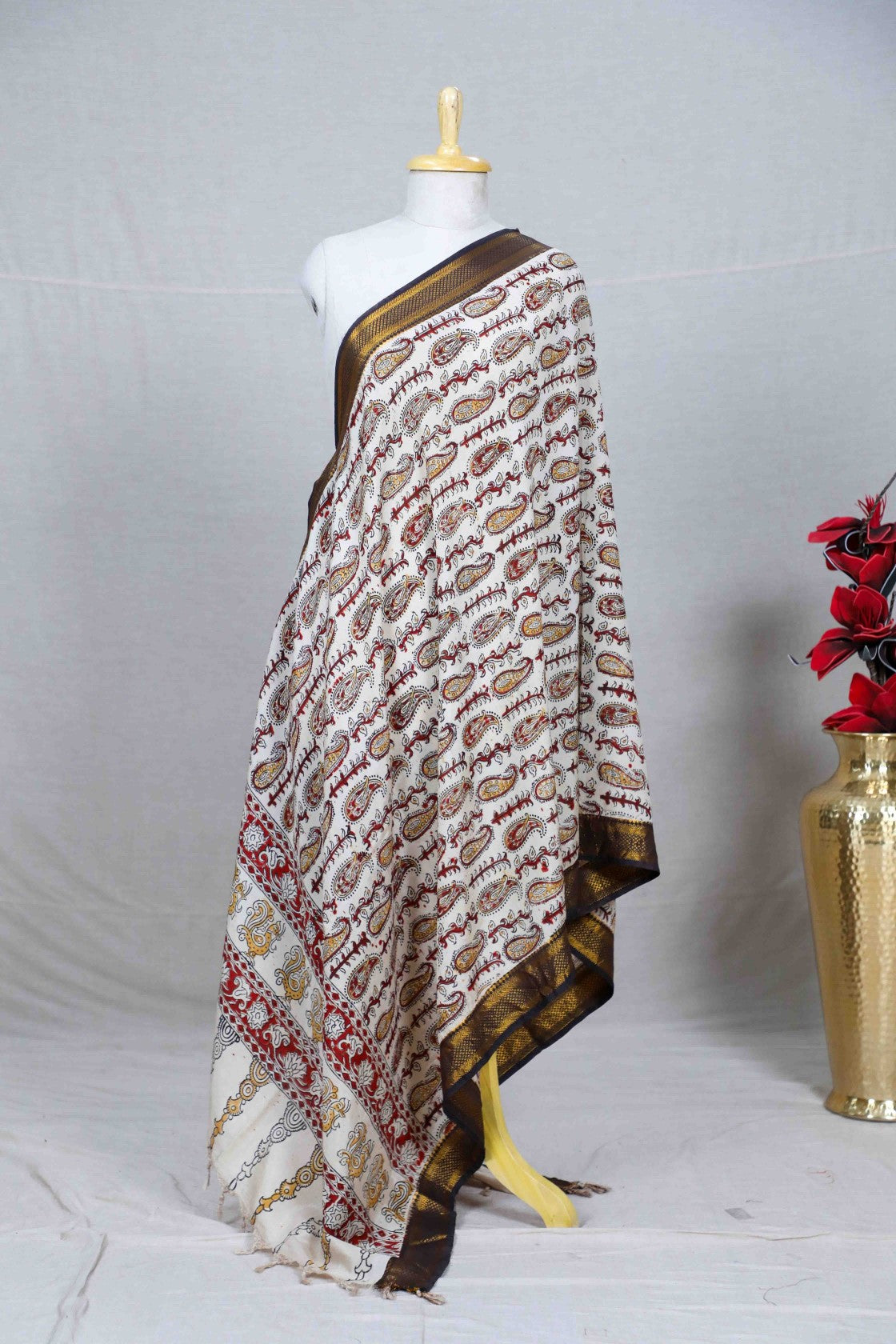 Red Block Print Kalamkari Silk Dupatta