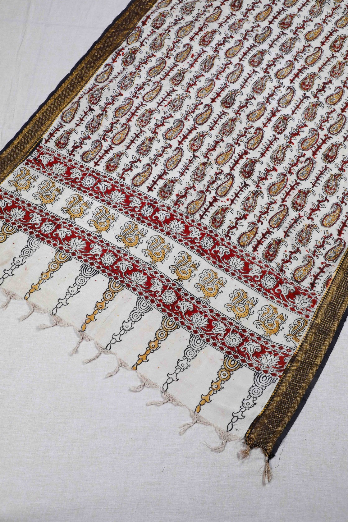 Red Block Print Kalamkari Silk Dupatta