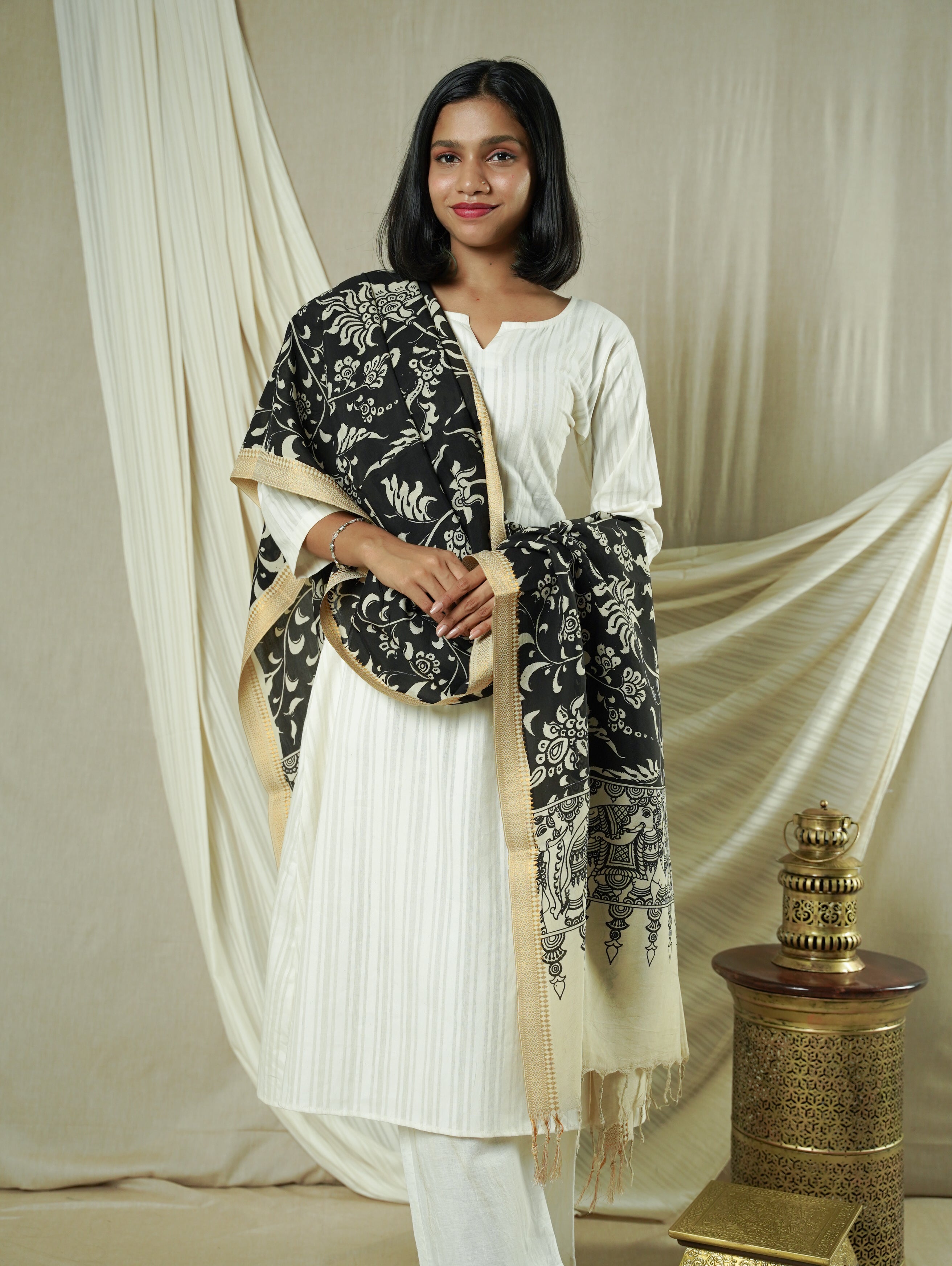 Black & White Silk Kalamkari Dupatta