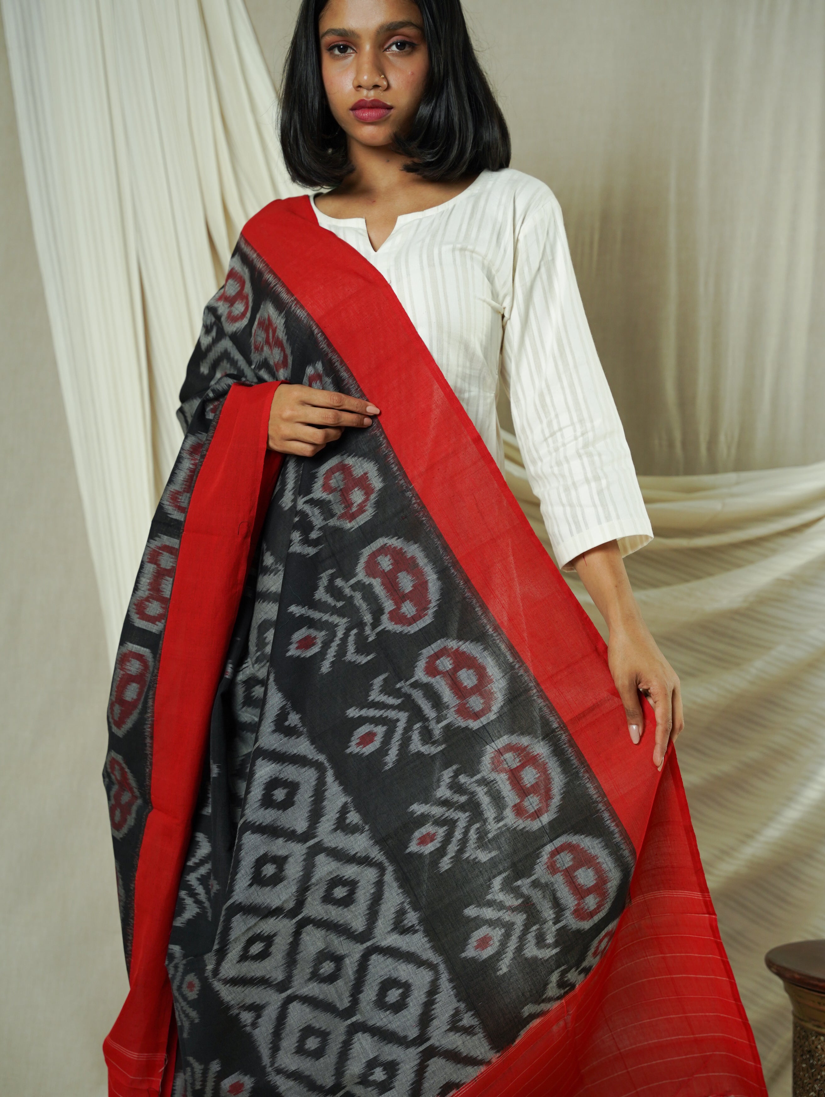 Black Double Ikat Handwoven Cotton Dupatta