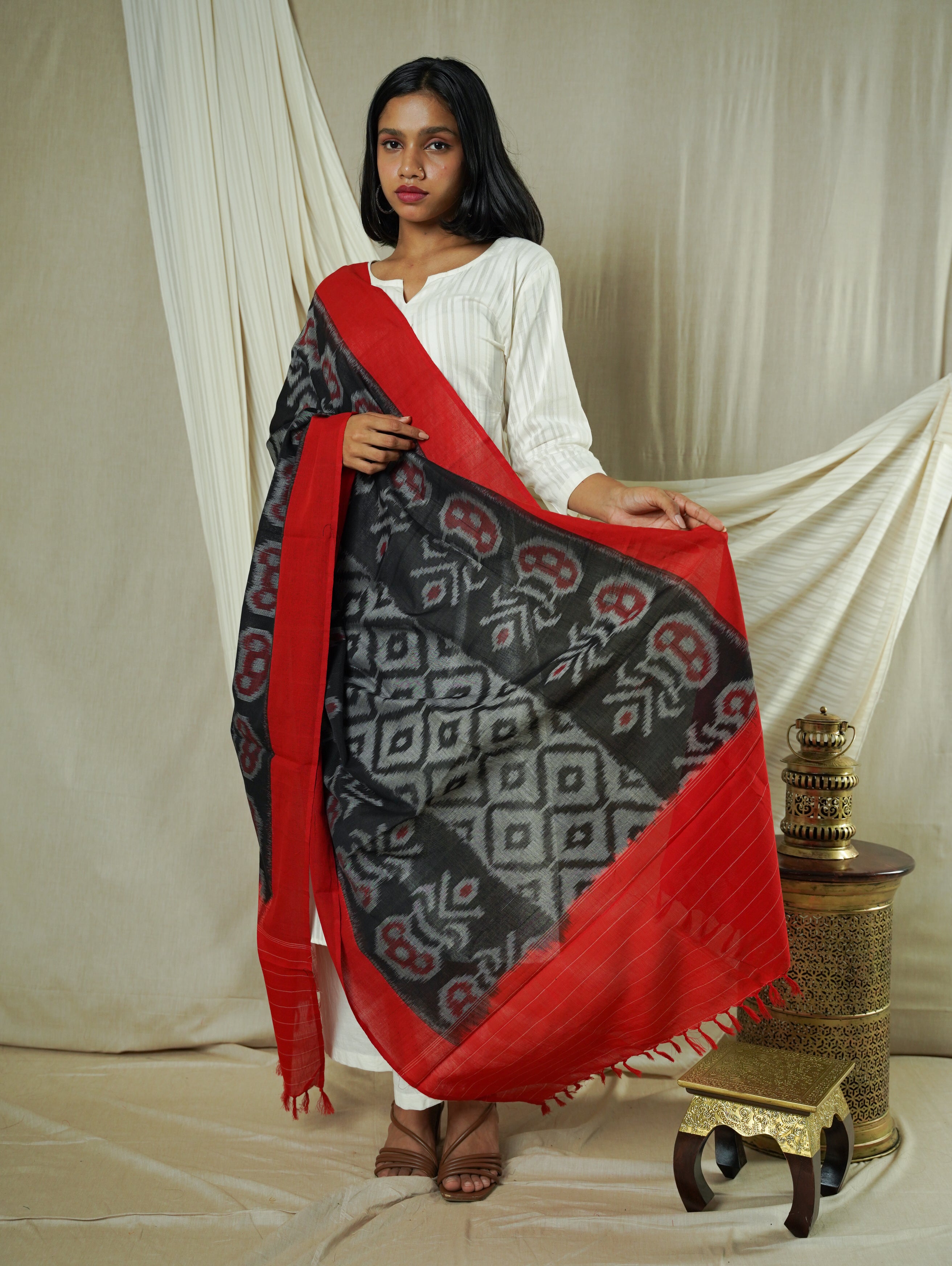 Black Double Ikat Handwoven Cotton Dupatta