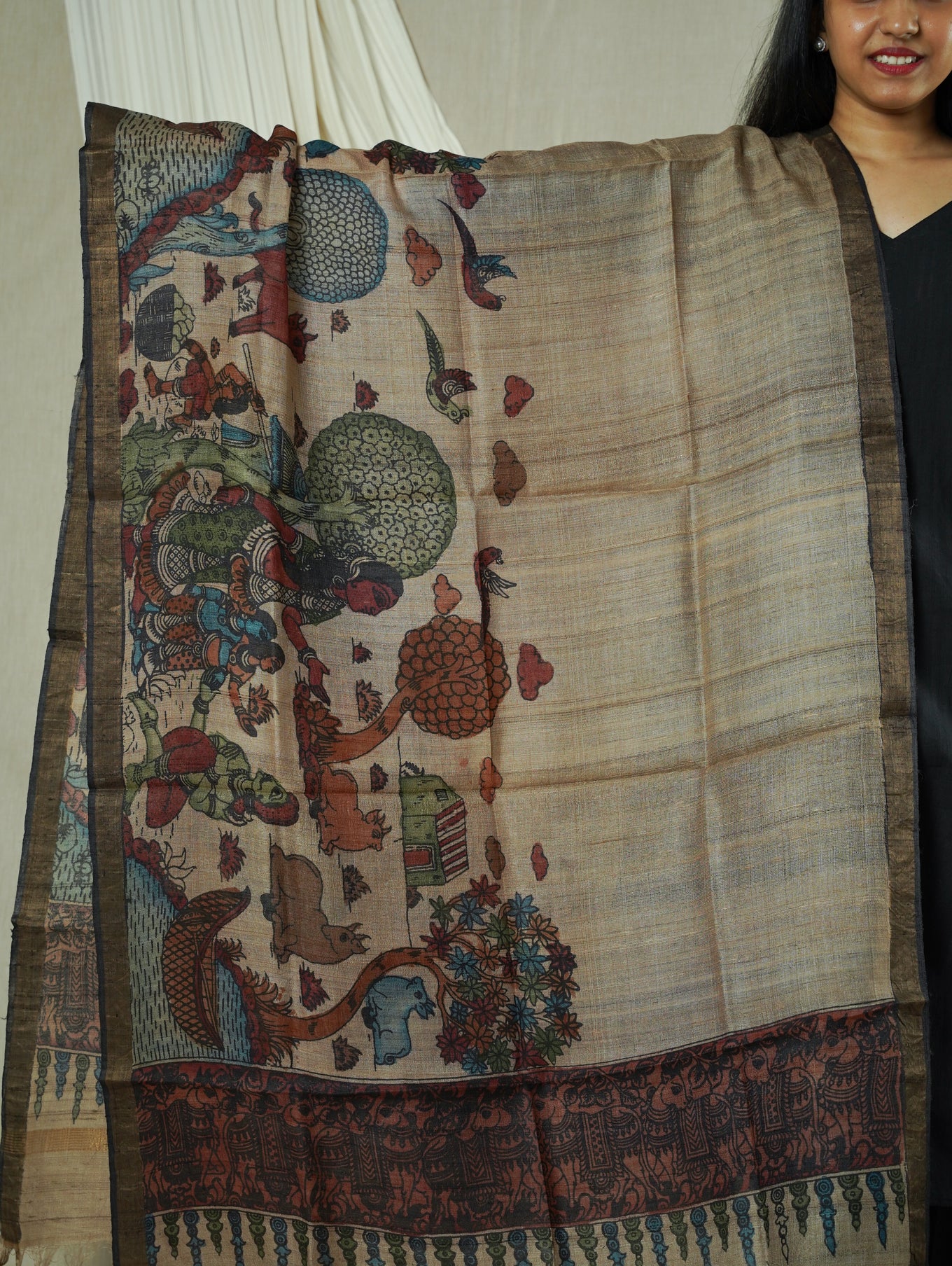 Beige Pen Kalamkari Tusser Silk Dupatta