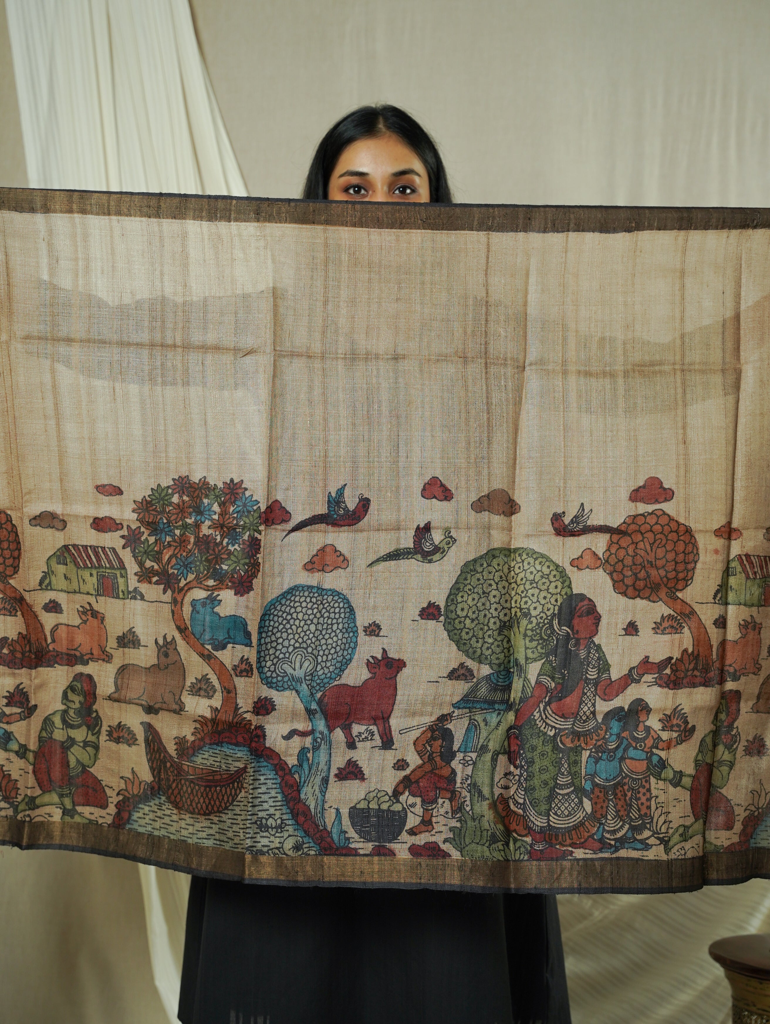 Beige Pen Kalamkari Tusser Silk Dupatta
