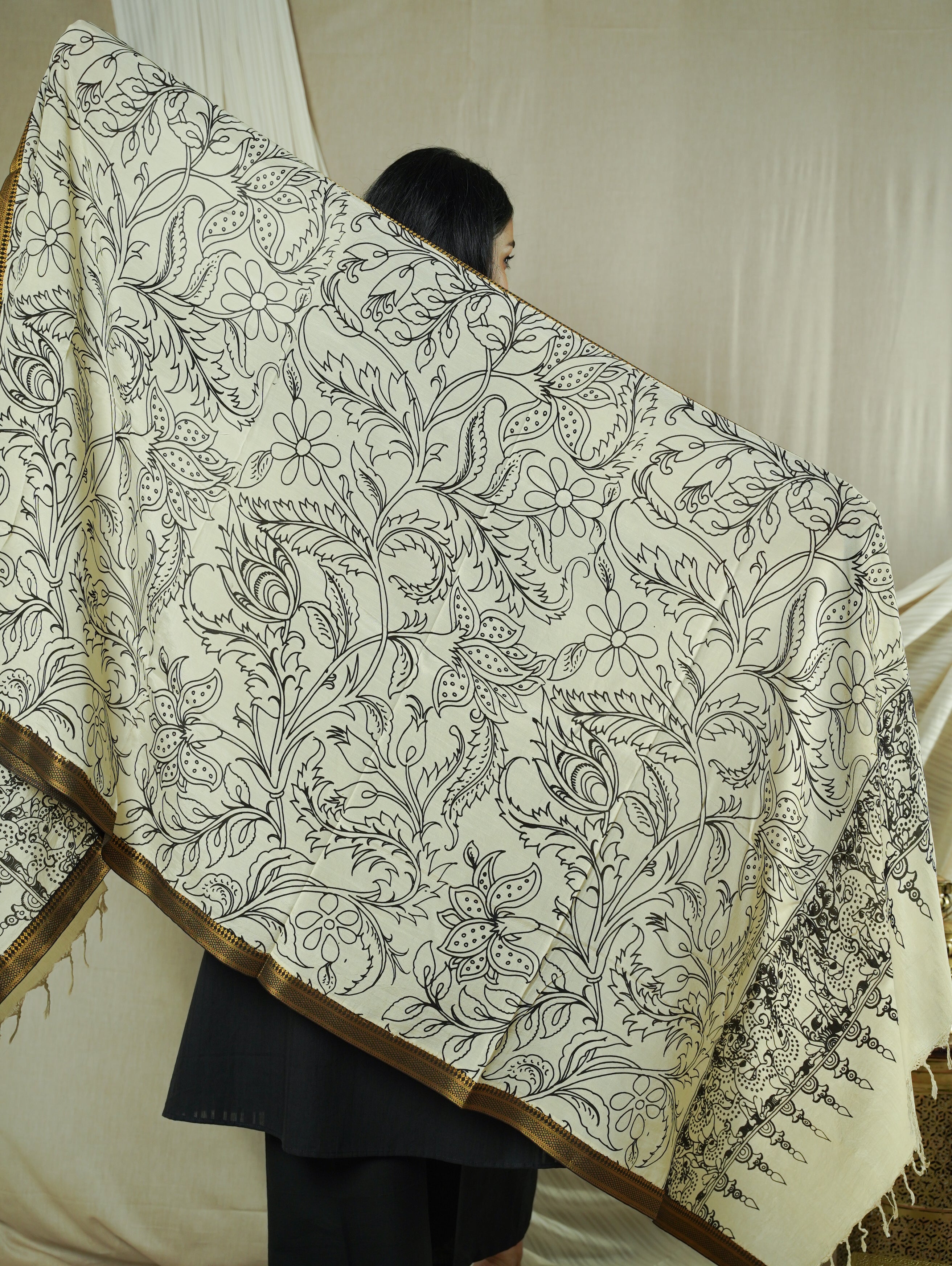 Black & White Silk Kalamkari Dupatta