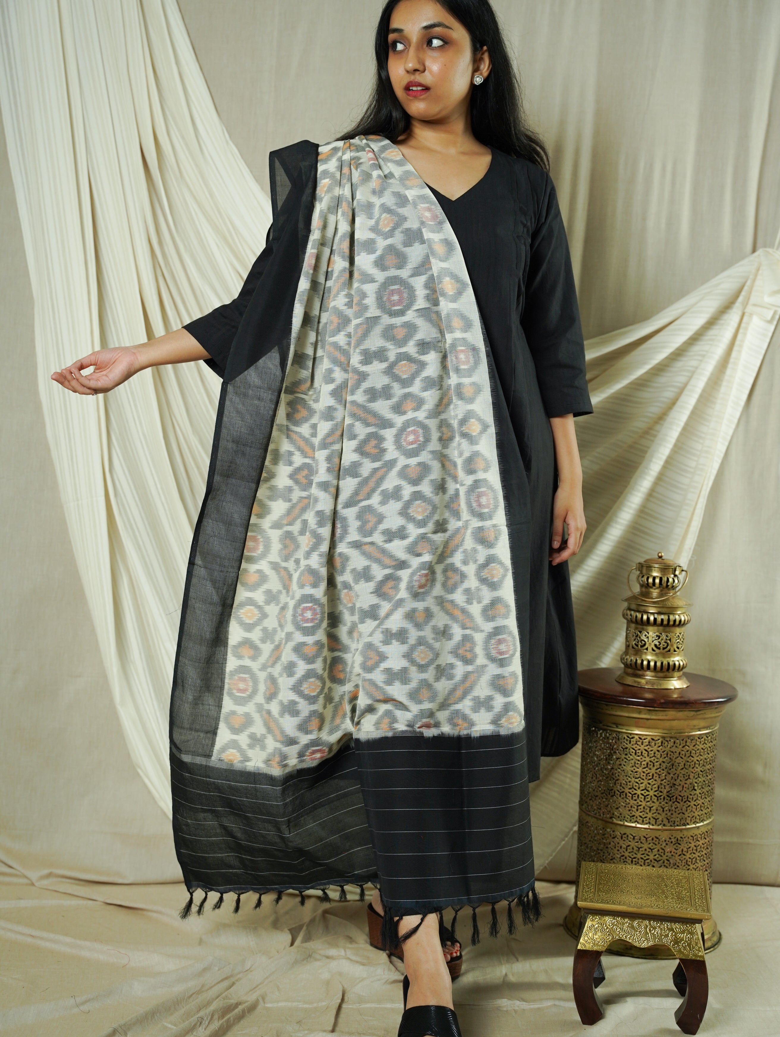 Grey Double Ikat Handwoven Cotton Dupatta