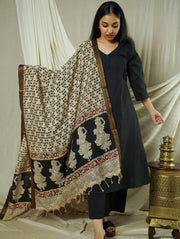 Black Block Print Kalamkari Silk Dupatta