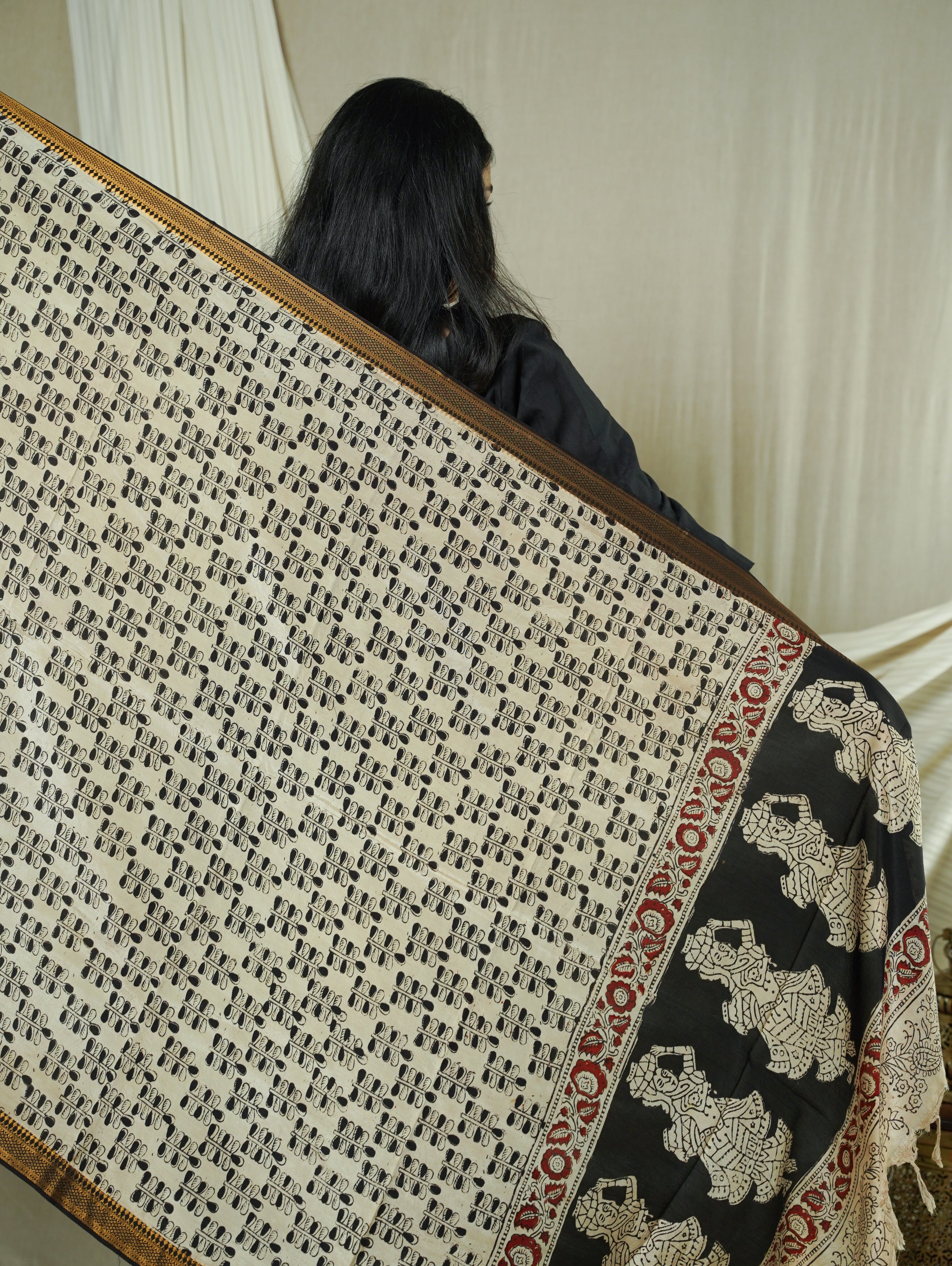 Black Block Print Kalamkari Silk Dupatta
