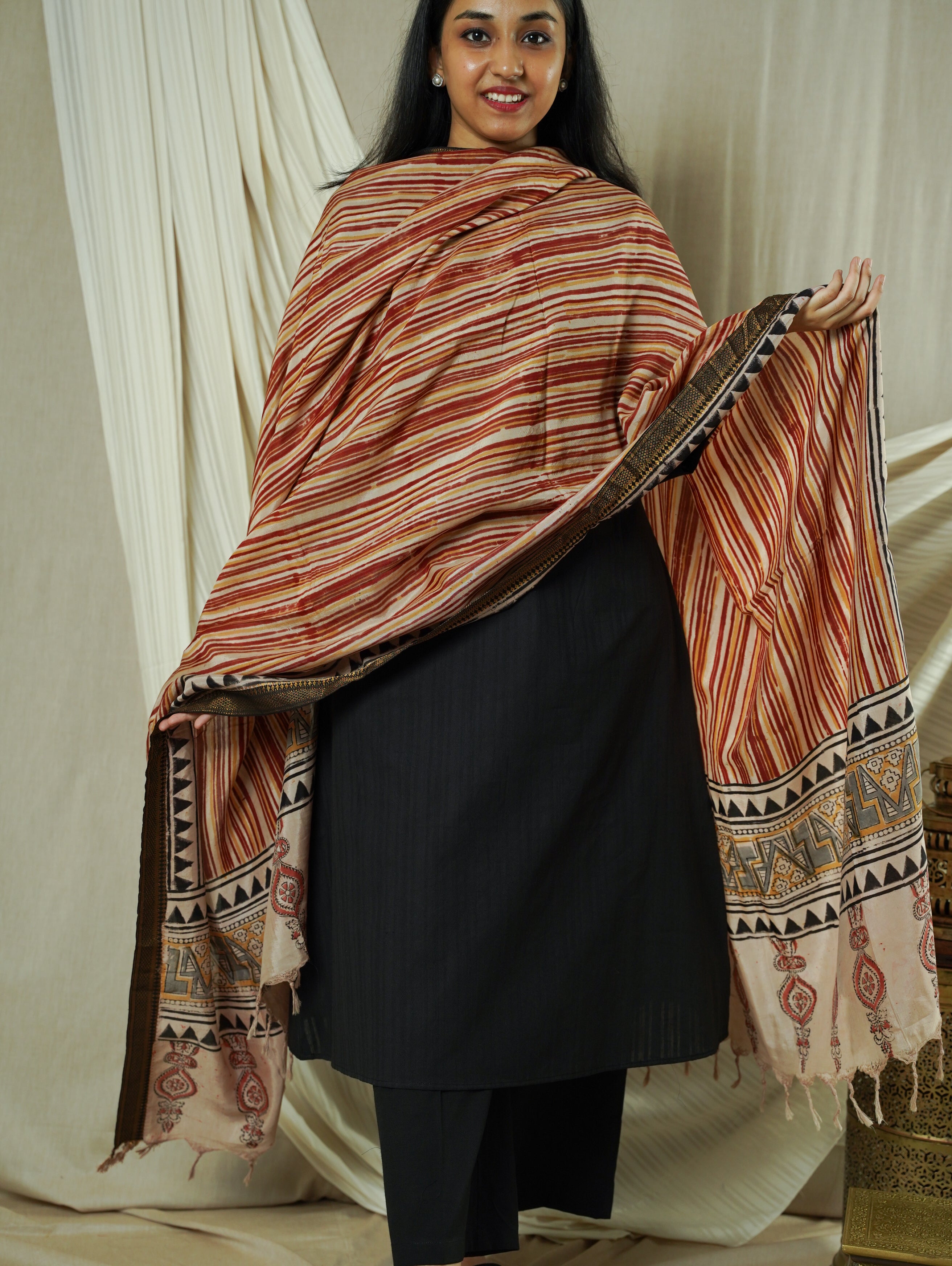 Red Block Print Kalamkari Silk Dupatta