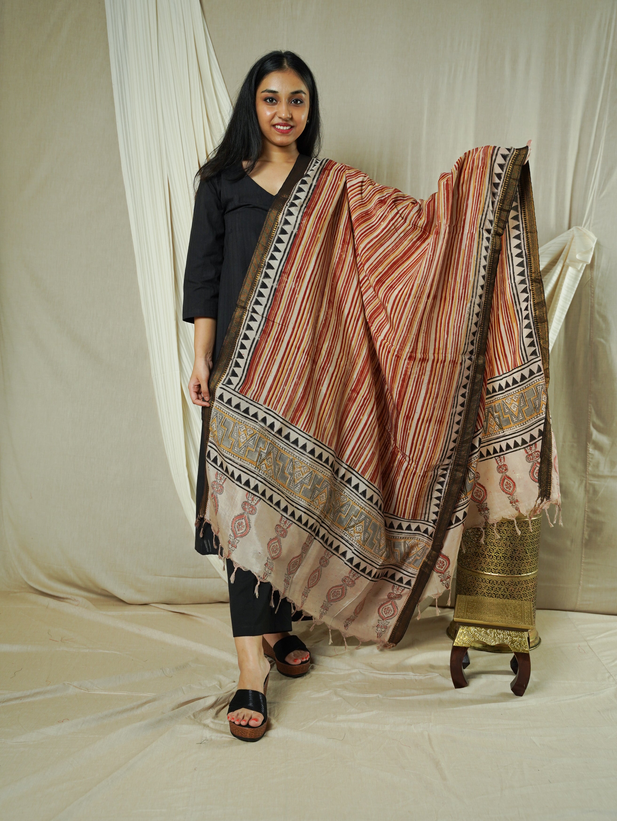Red Block Print Kalamkari Silk Dupatta