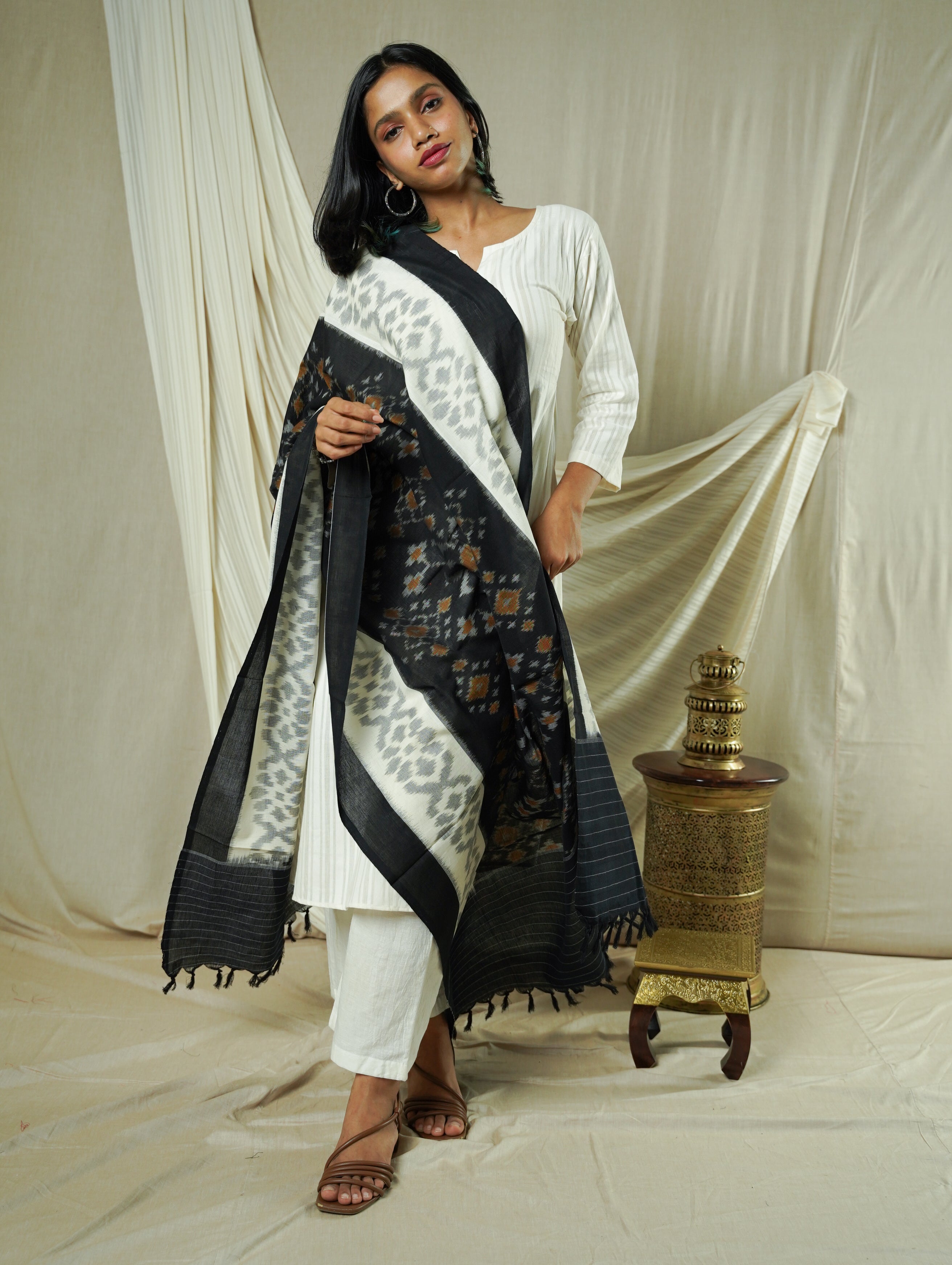 Black Double Ikat Handwoven Cotton Dupatta