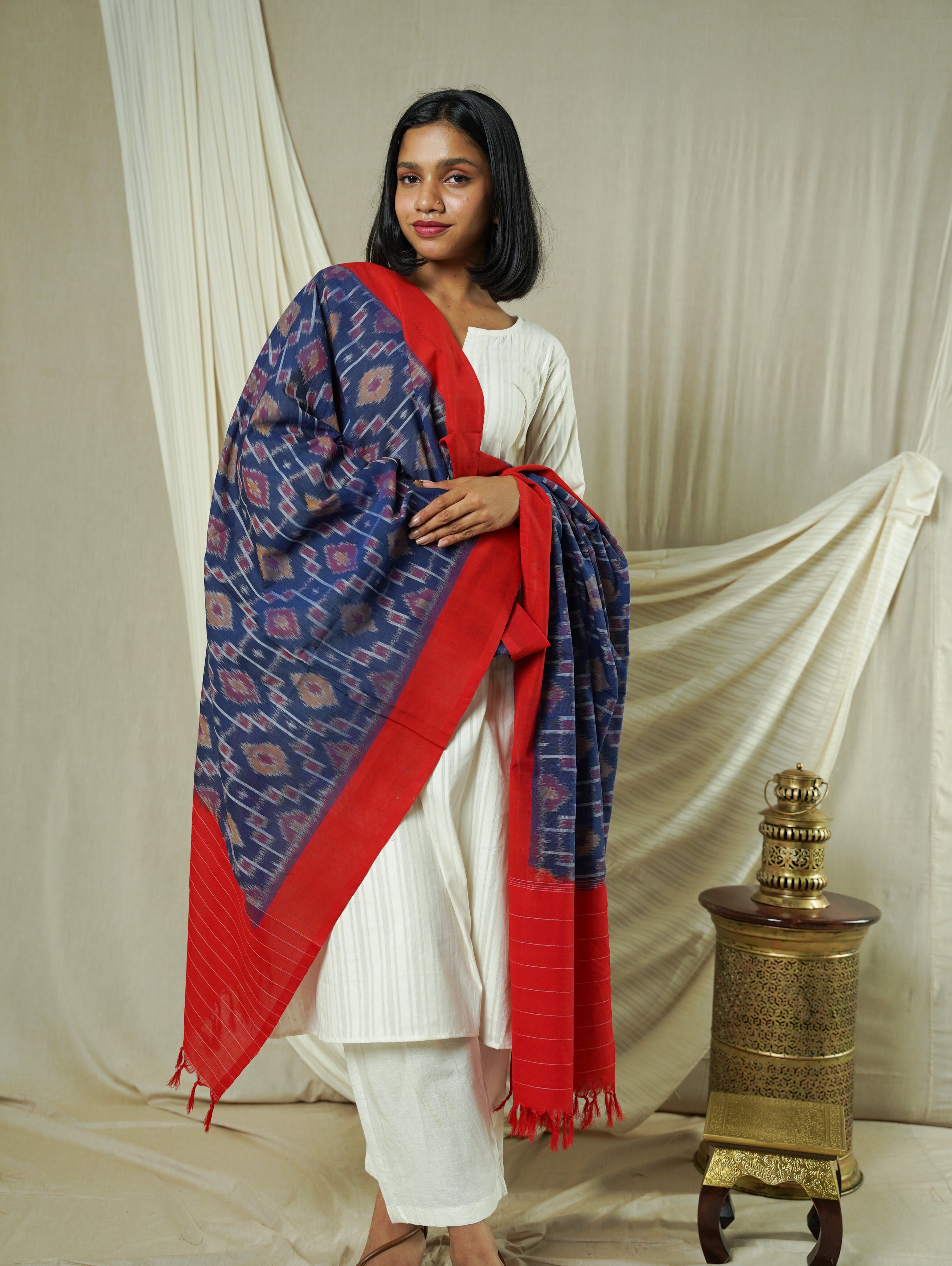 Blue Double Ikat Handwoven Cotton Dupatta