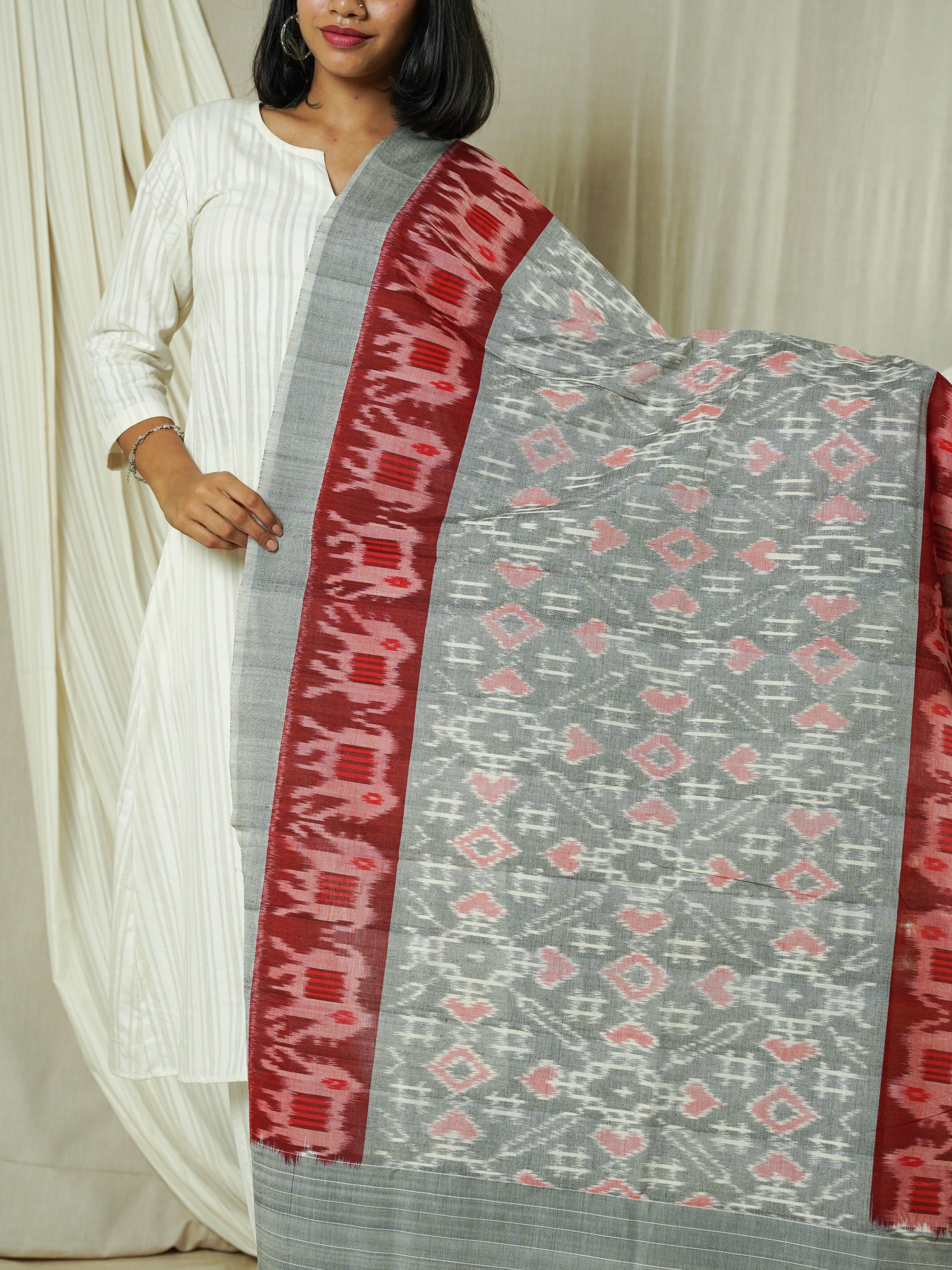 Grey Double Ikat Handwoven Cotton Dupatta
