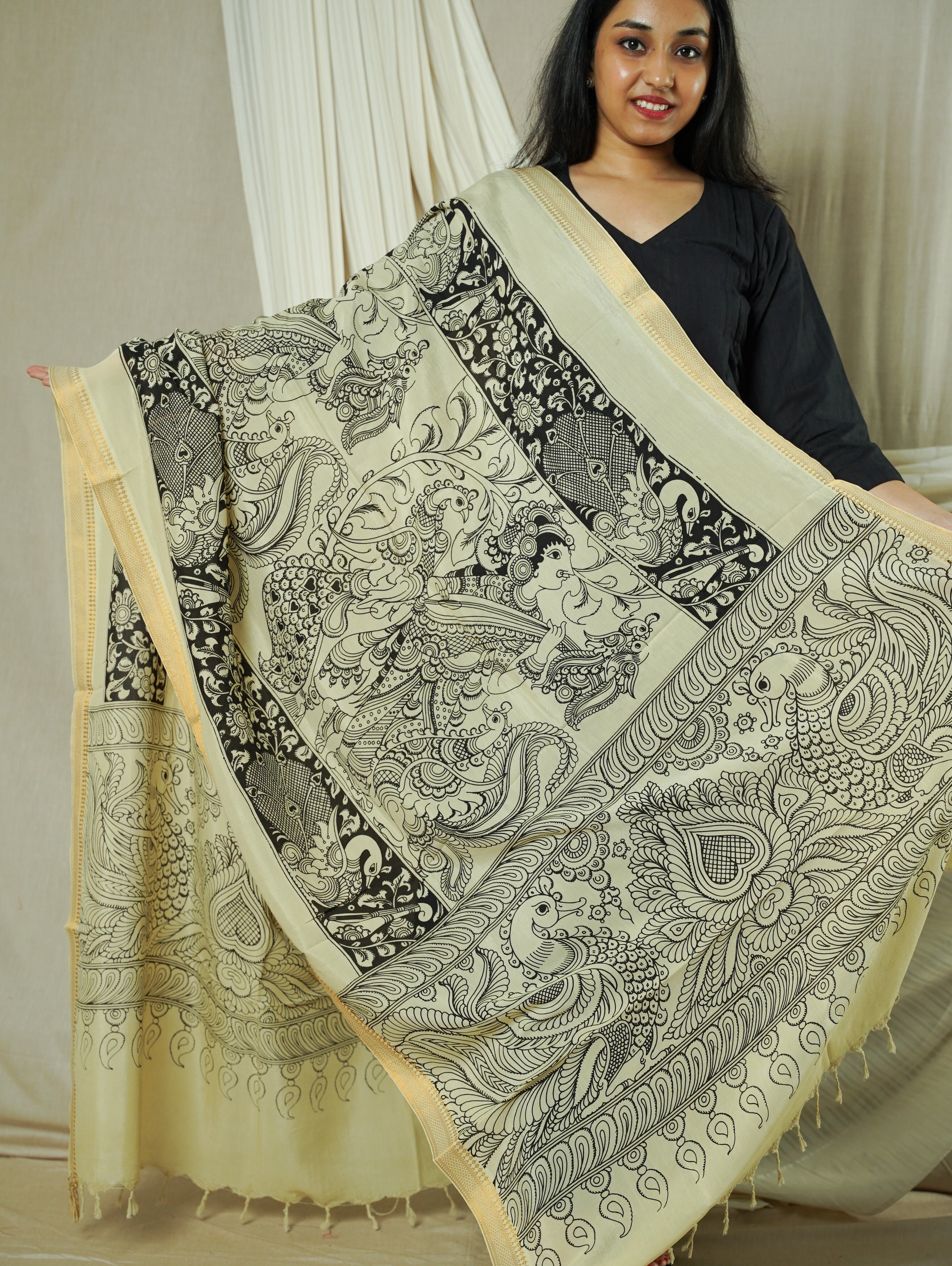 Black & White Silk Kalamkari Dupatta