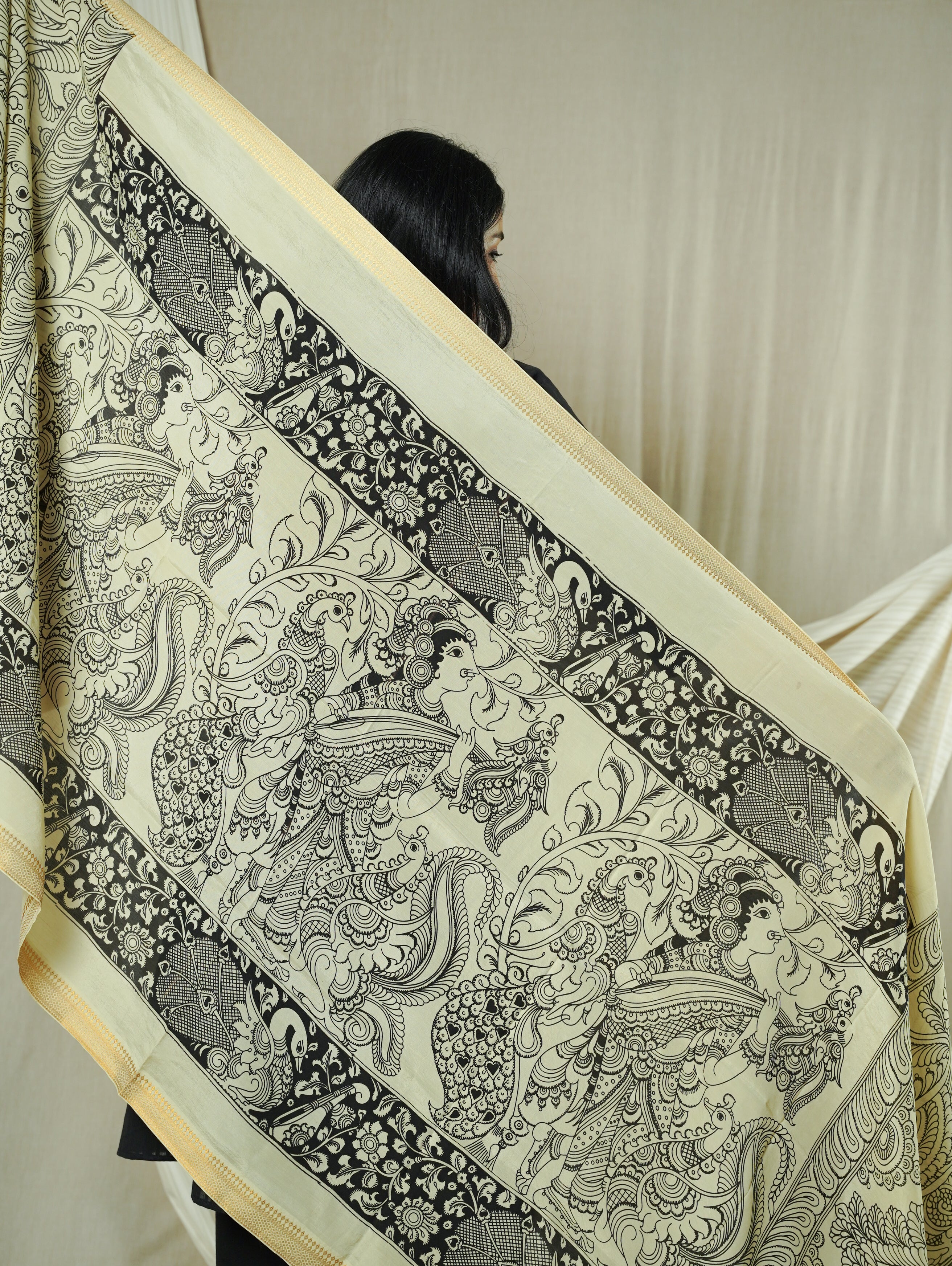 Black & White Silk Kalamkari Dupatta