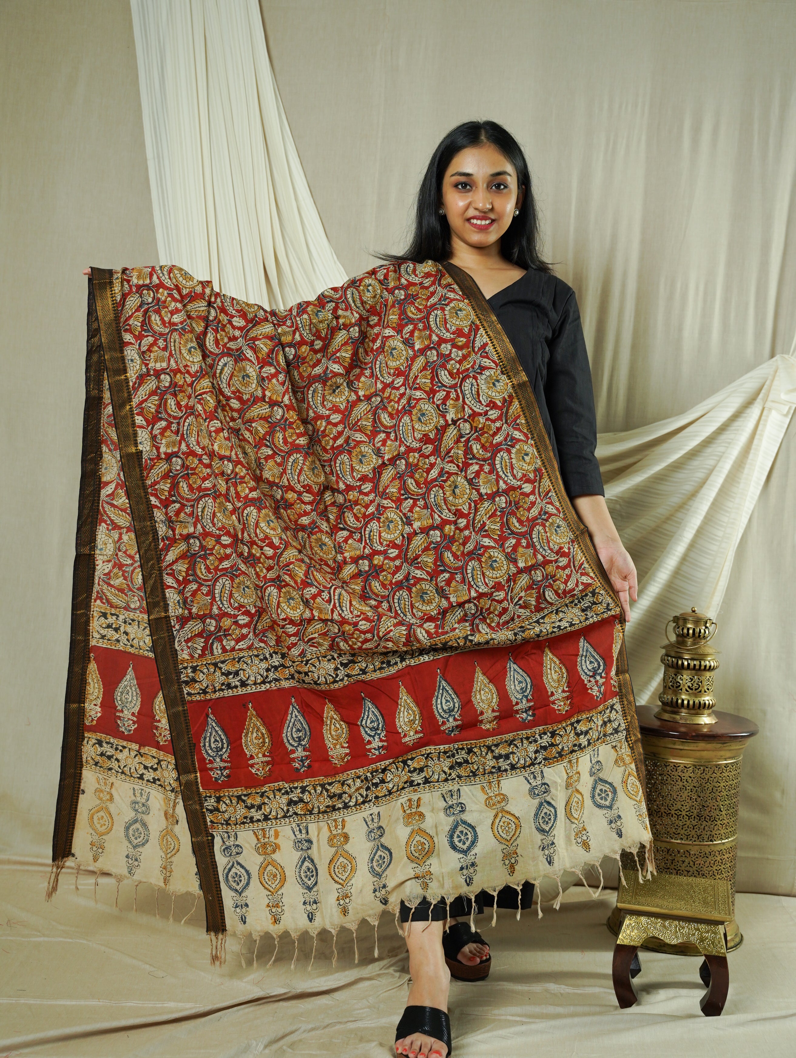 Red Block Print Kalamkari Silk Dupatta