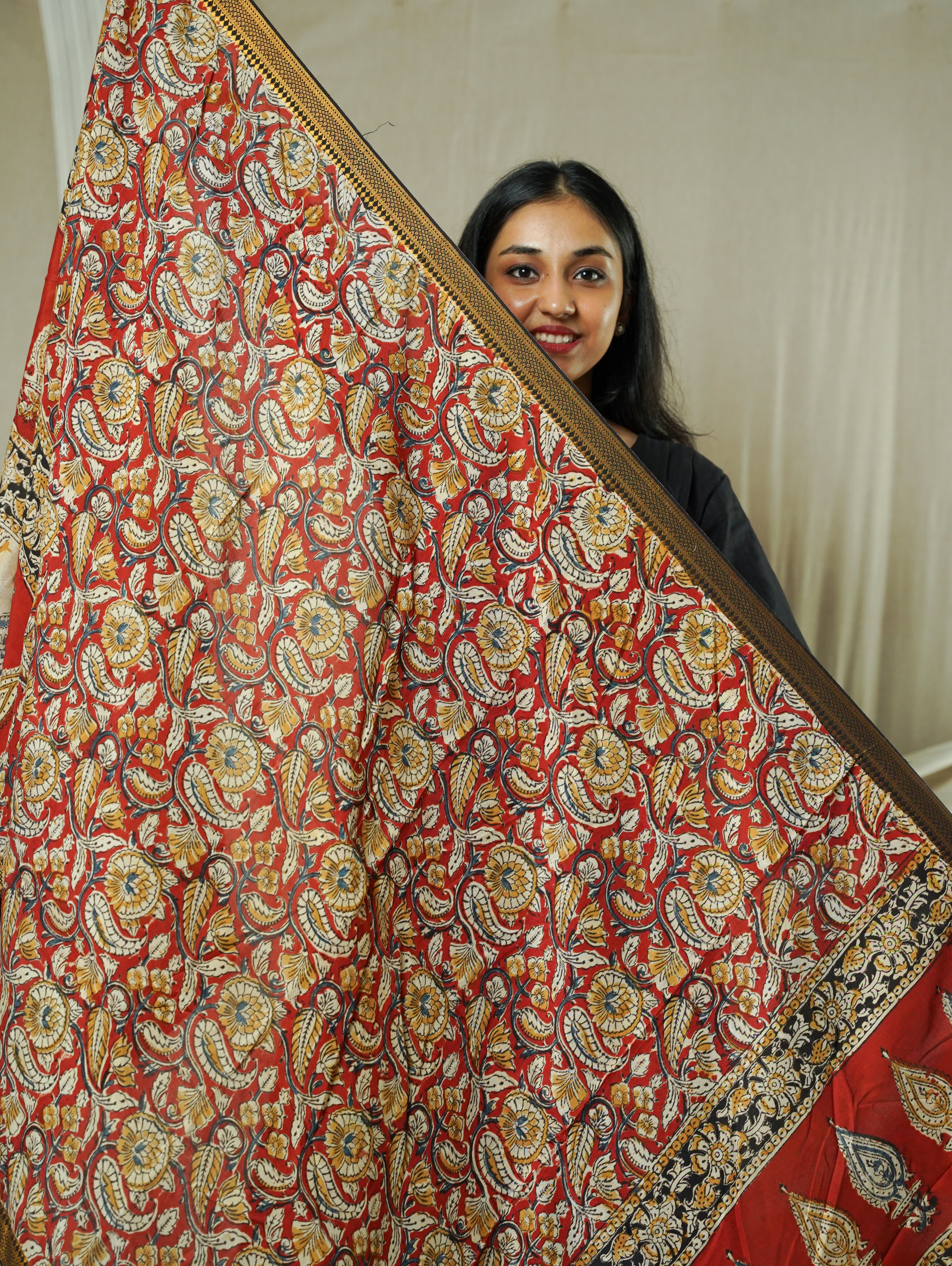 Red Block Print Kalamkari Silk Dupatta