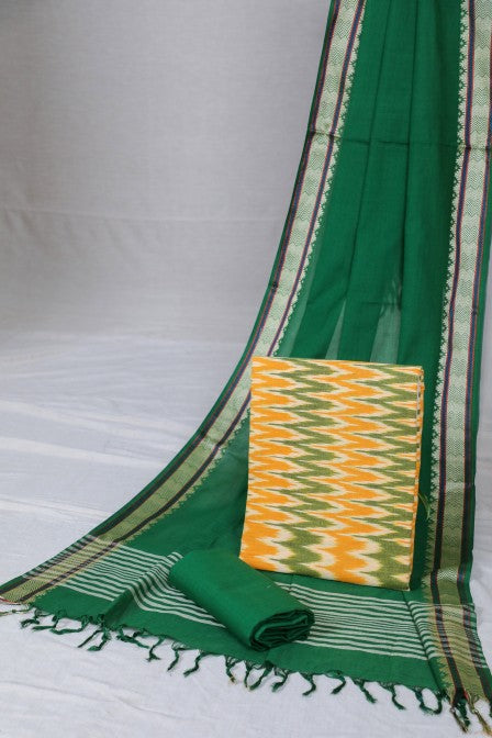 Yellow Handloom Ikat Suit with Woven Border Dupatta(3 pc set )