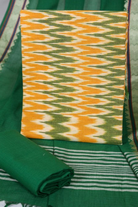 Yellow Handloom Ikat Suit with Woven Border Dupatta(3 pc set )