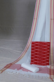 Red Handloom Ikat Suit with Woven Border Dupatta(3 pc set )
