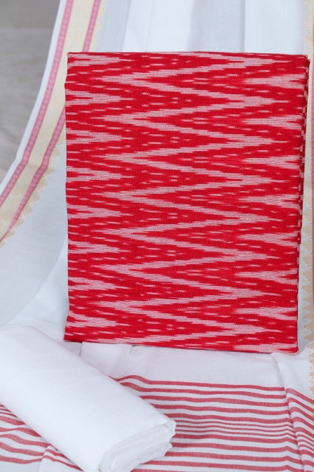 Red Handloom Ikat Suit with Woven Border Dupatta(3 pc set )