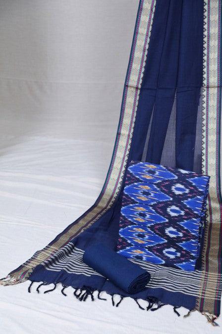 Blue Handloom Ikat Suit with Woven Border Dupatta (3 pc set )