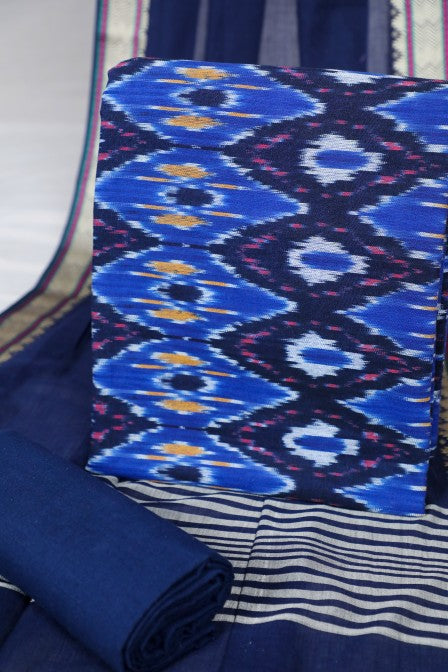 Blue Handloom Ikat Suit with Woven Border Dupatta (3 pc set )