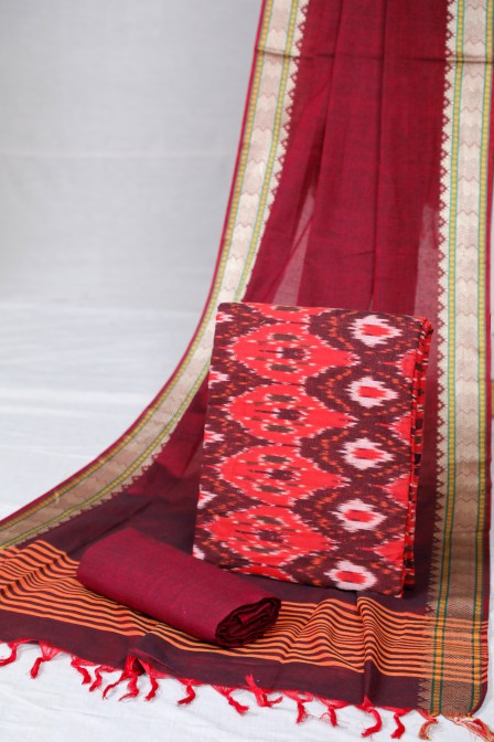 Red Handloom Ikat Suit with Woven Border Dupatta (3 pc set )