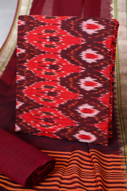 Red Handloom Ikat Suit with Woven Border Dupatta (3 pc set )