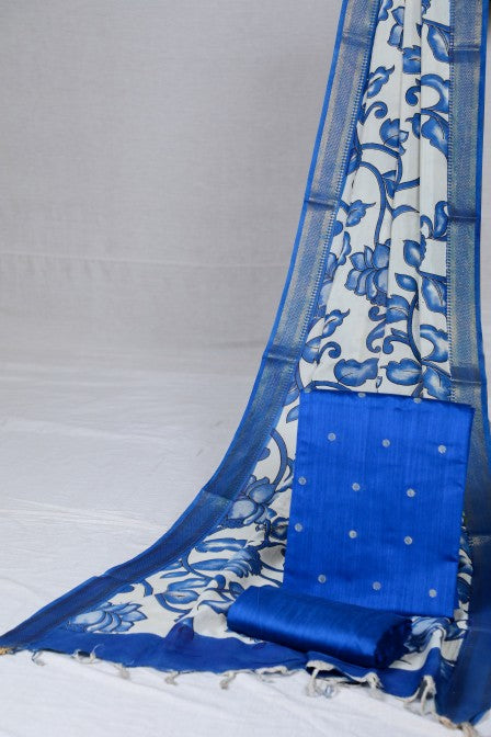Blue Raw Silk Suit with Kalamkari Dupatta (3 Pc Set)