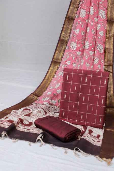 Maroon Raw Silk Suit with Kalamkari Dupatta (3 Pc Set)