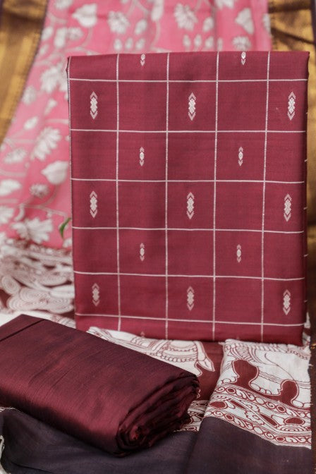 Maroon Raw Silk Suit with Kalamkari Dupatta (3 Pc Set)