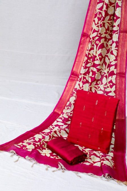 Magenta Raw Silk Suit with Kalamkari Dupatta (3 Pc Set)