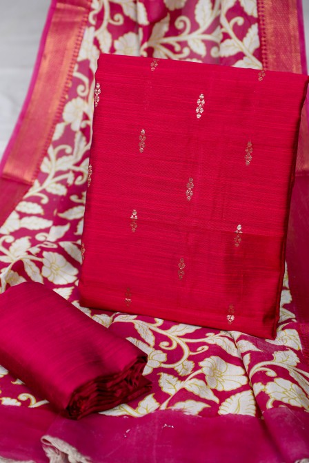 Magenta Raw Silk Suit with Kalamkari Dupatta (3 Pc Set)