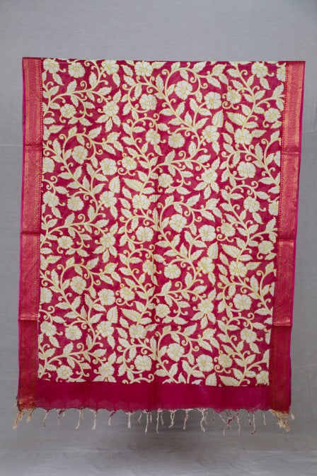 Magenta Raw Silk Suit with Kalamkari Dupatta (3 Pc Set)