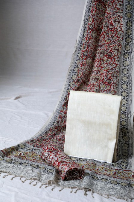 Cream Raw Silk Set with Kalamkari Dupatta (3 Pc Set)