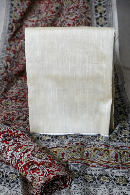 Cream Raw Silk Set with Kalamkari Dupatta (3 Pc Set)