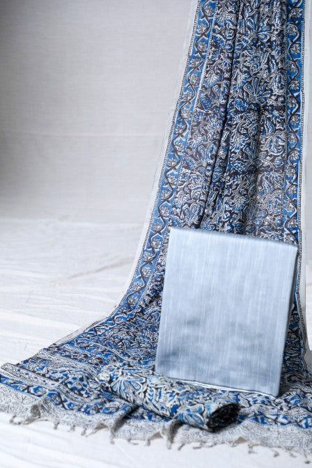 Grey Raw Silk Set with Kalamkari Dupatta (3 Pc Set)