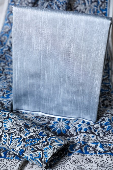 Grey Raw Silk Set with Kalamkari Dupatta (3 Pc Set)