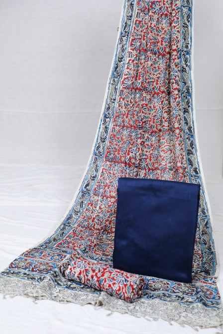 Navy Blue Raw Silk Set with Kalamkari Dupatta (3 Pc Set)