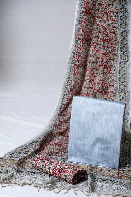 Grey Raw Silk Set with Kalamkari Dupatta (3 Pc Set)