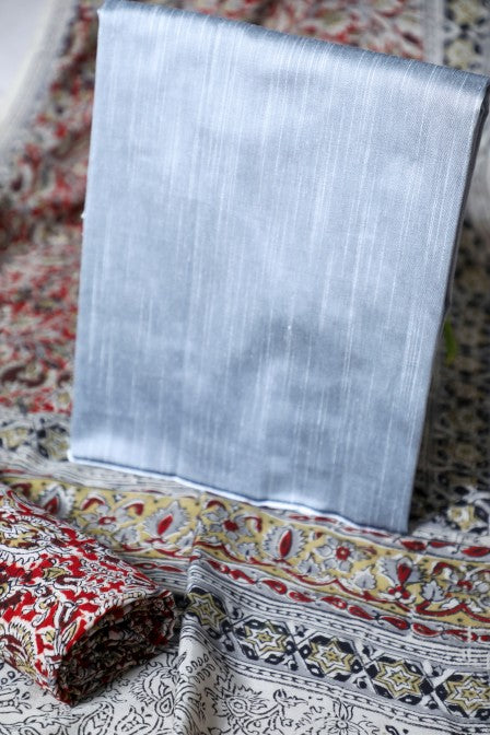 Grey Raw Silk Set with Kalamkari Dupatta (3 Pc Set)