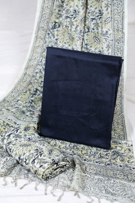 Black Raw Silk Set with Kalamkari Dupatta (3 Pc Set)