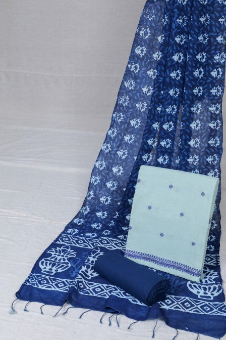 Blue Handwoven cotton Jacquard Suit with Indigo Dupatta (3 Pc Set)