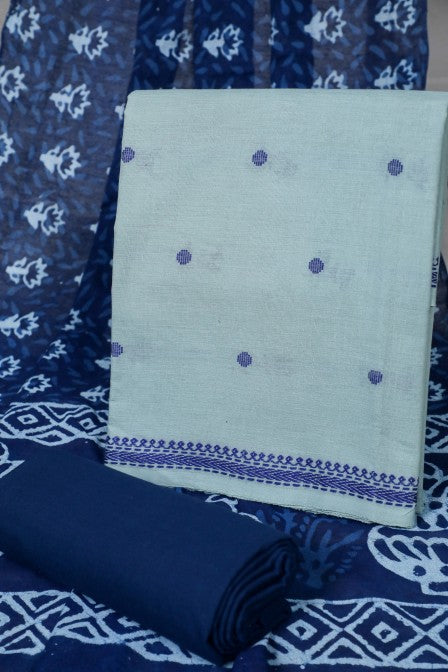 Blue Handwoven cotton Jacquard Suit with Indigo Dupatta (3 Pc Set)