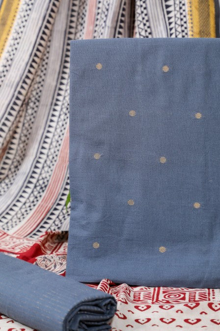 Grey Handwoven Cotton Jacquard Suit with Kalamkari Dupatta (3 pc set)