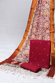Red Handwoven Cotton Jacquard Suit with Kalamkari Dupatta (3 pc set)