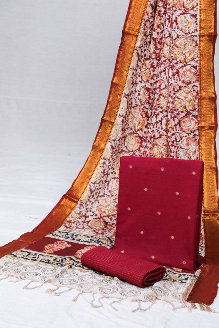 Red Handwoven Cotton Jacquard Suit with Kalamkari Dupatta (3 pc set)
