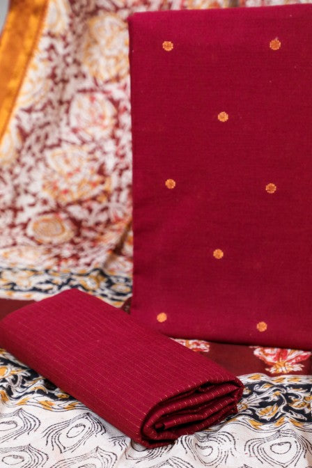 Red Handwoven Cotton Jacquard Suit with Kalamkari Dupatta (3 pc set)