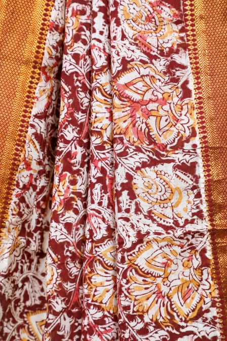 Red Handwoven Cotton Jacquard Suit with Kalamkari Dupatta (3 pc set)