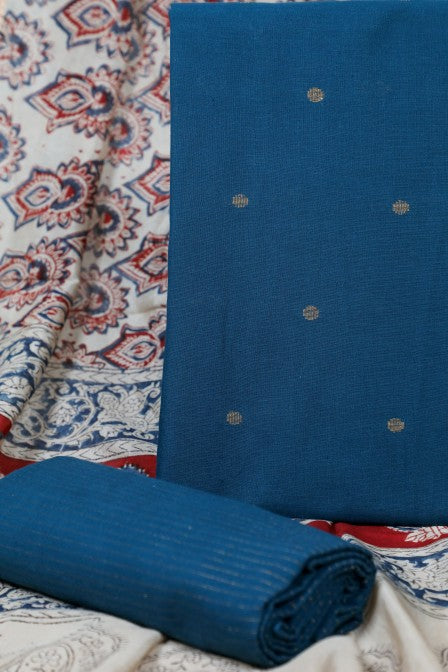Blue Handwoven Cotton Jacquard Suit with Kalamkari Dupatta (3 pc set)